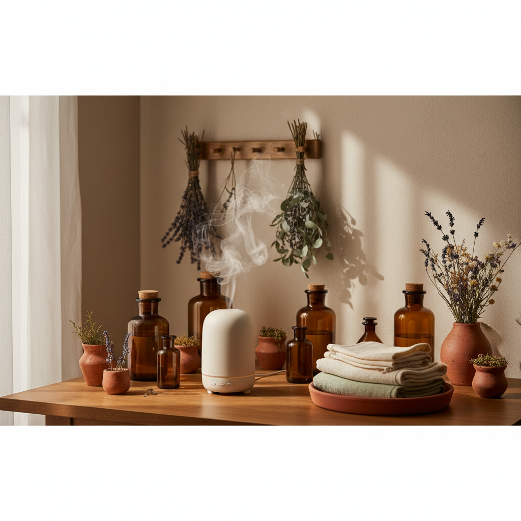 Diffuseur et huiles essentielles dans l'atelier Aromabarn